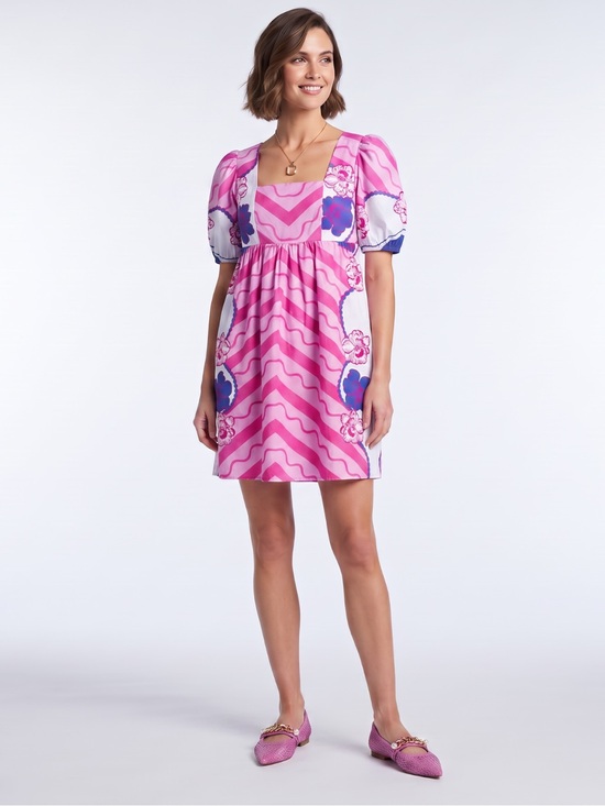 CELINA MOON Dresses & Skirts - Celina Moon Pink Chevron Floral Border Mini Dress Puff Sleeve Square Neck S NWT